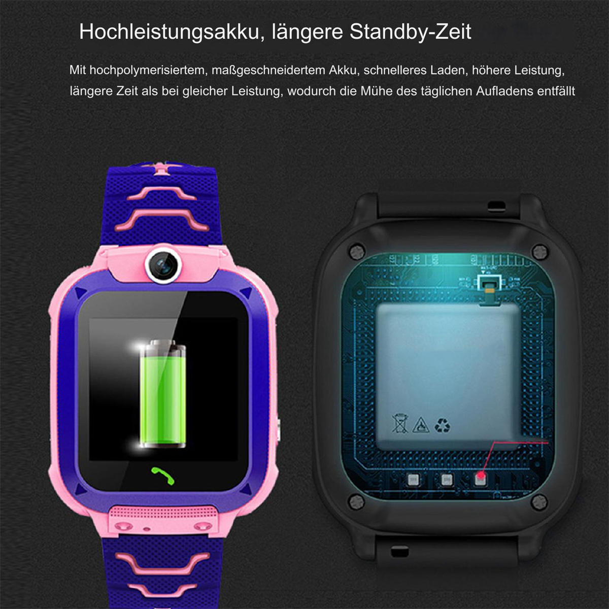 Eine rosa und blaue Smartwatch mit einem Bildschirm, der eine grüne Batterie anzeigt.