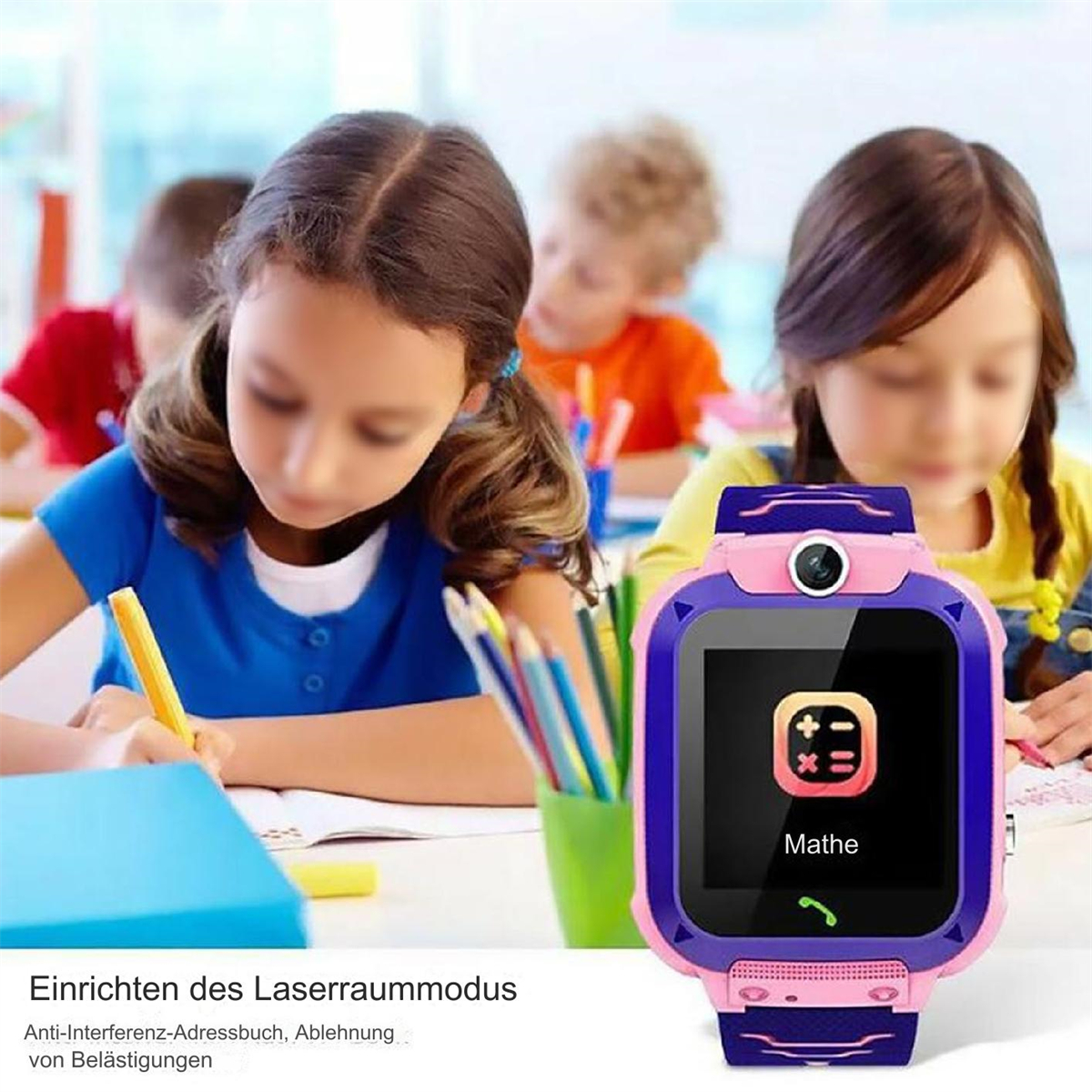 Kinder-Smartwatch mit Taschenrechner-Symbol und Text Mathe.