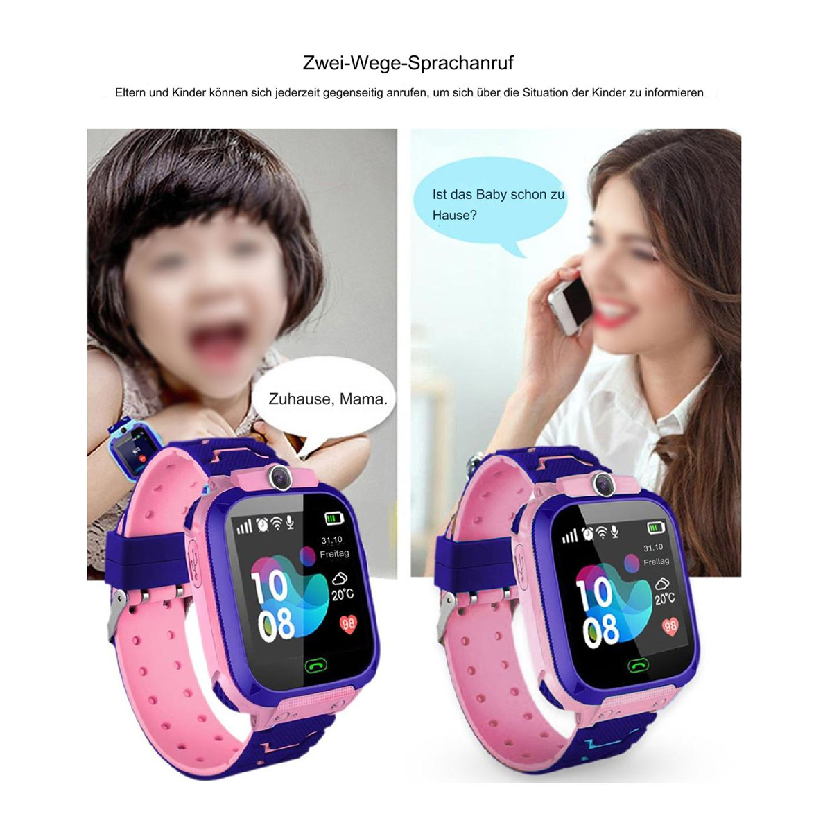 Zwei Smartwatches, eine mit Kind, zeigt die Mutter des Kindes am Telefon.