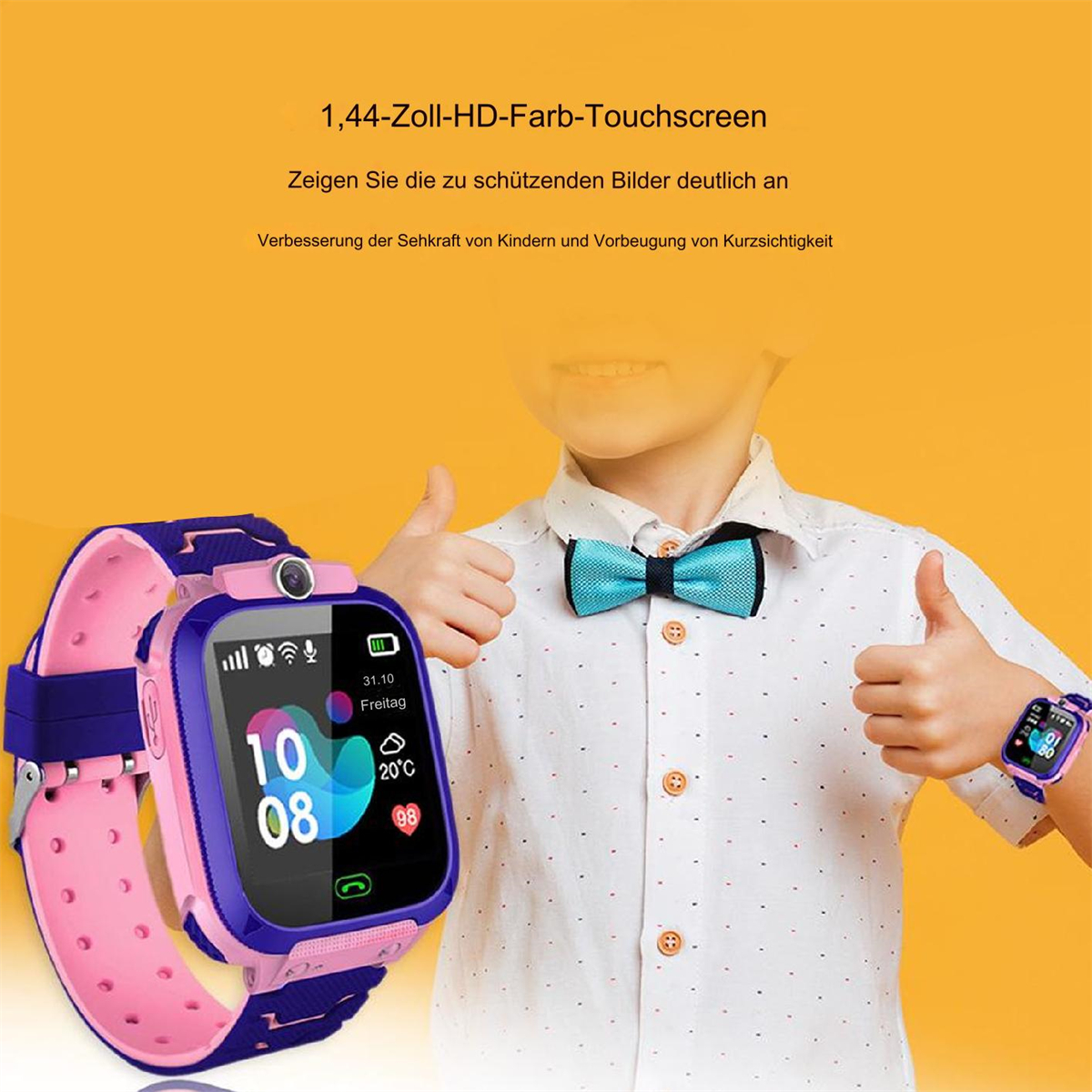 Ein Kind, das eine Smartwatch trägt. Text: 1,44-Zoll-HD-Farbtouchscreen. Weißer Hintergrund.