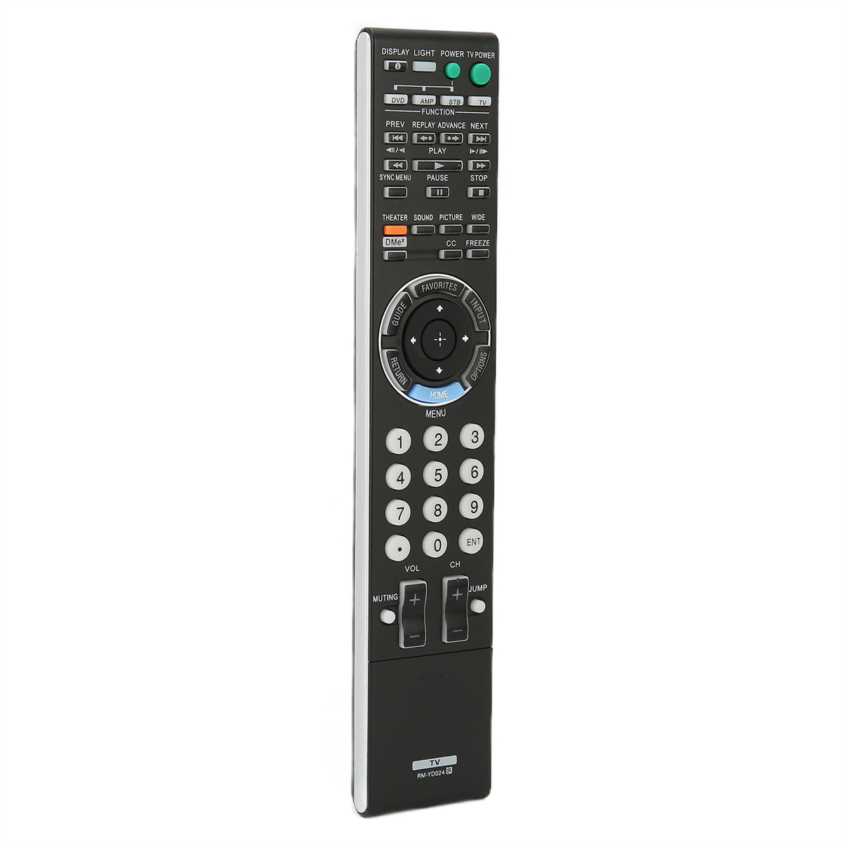 Schwarze TV-Fernbedienung mit vielen Tasten. Die Fernbedienung befindet sich auf weißem Hintergrund.