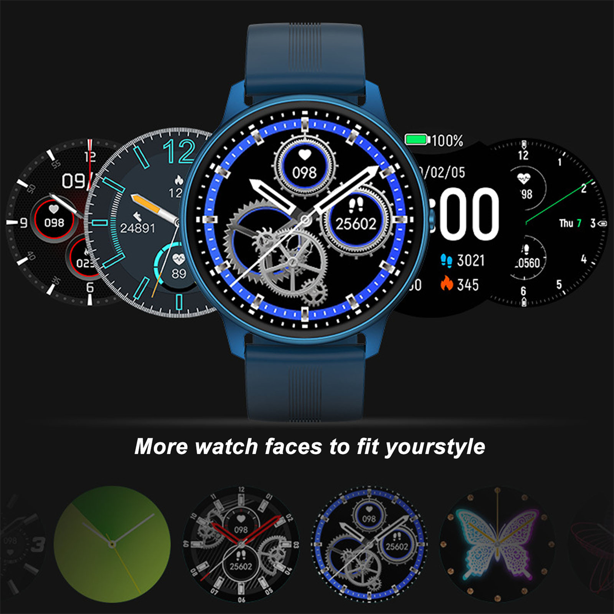 Eine blaue Smartwatch zeigt verschiedene Zifferblätter an. Mehrere Zifferblätter werden gezeigt.