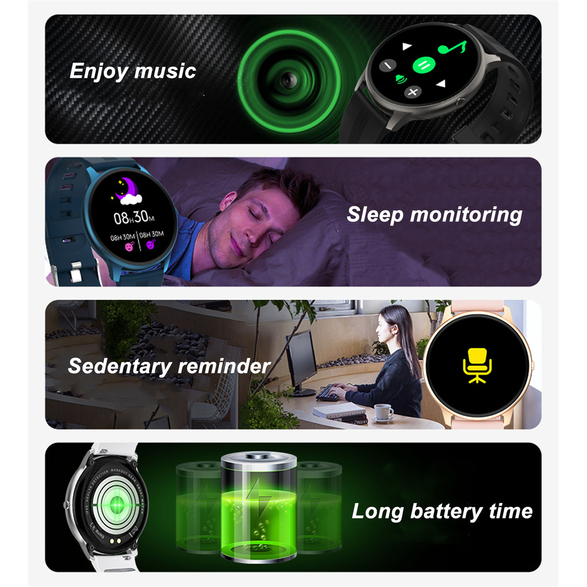 Smartwatch mit Funktionen: Musik, Schlaftracking, Bewegungserinnerung, lange Akkulaufzeit.