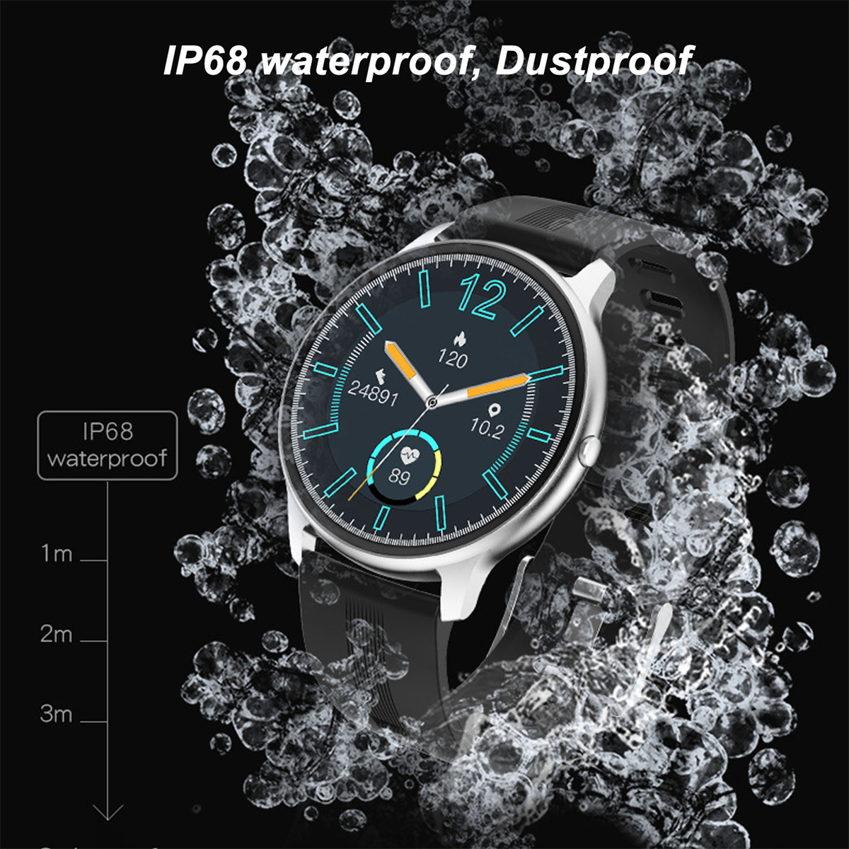 Schwarze Smartwatch im Wasser. Zeigt Zahlen und Diagramme an. Text: IP68 wasserdicht, 1m, 2m, 3m.