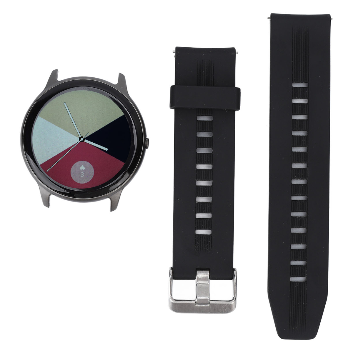 Schwarze Smartwatch mit farbigem Display und zwei schwarzen Armbändern auf weißem Hintergrund.