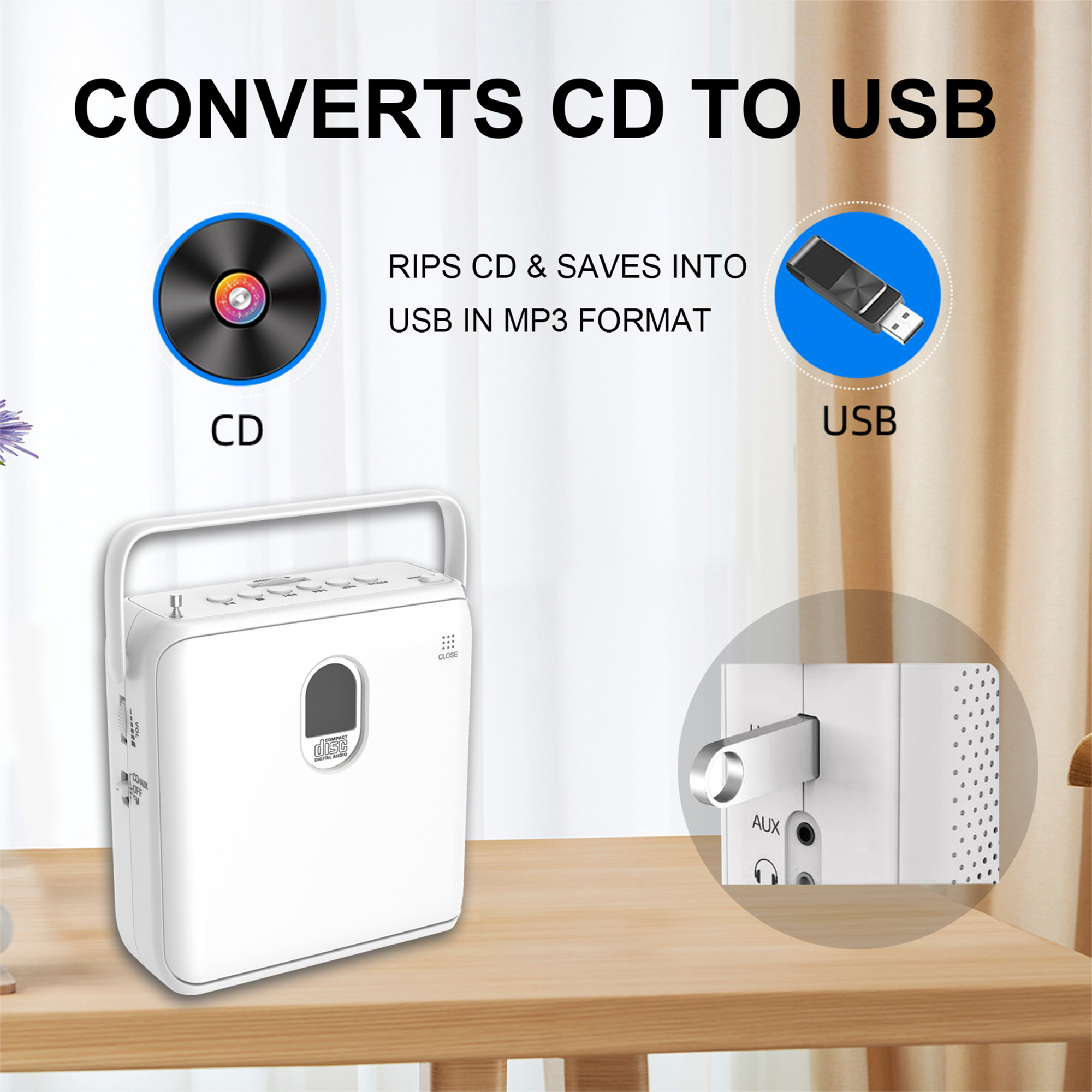 Weißer CD-zu-USB-Konverter, CD- und USB-Symbole oben, Nahaufnahme der Rückseite.