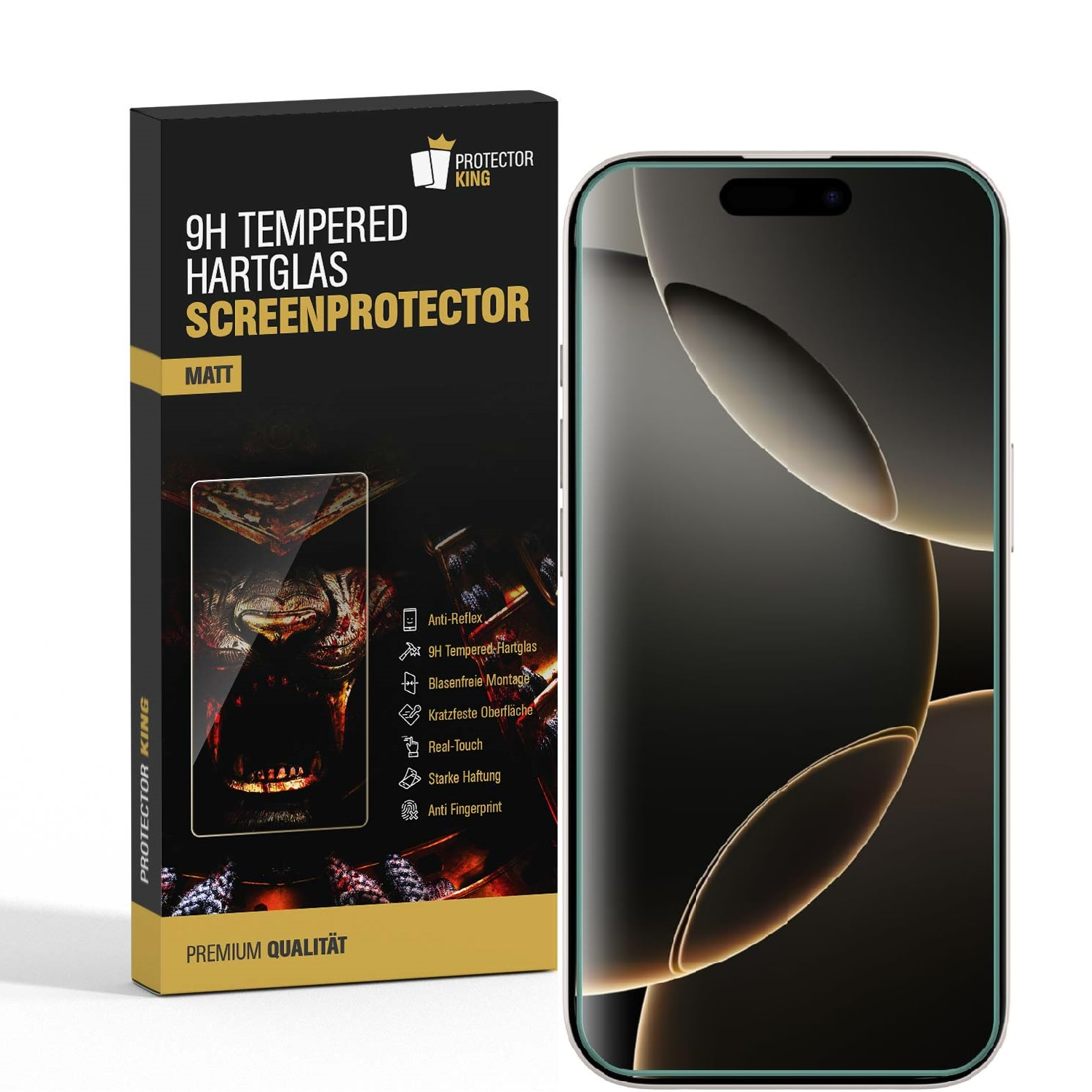 Smartphone-Displayschutz und Box. Schwarze Box mit Text, Telefonbildschirm mit dunklem Hintergrund.