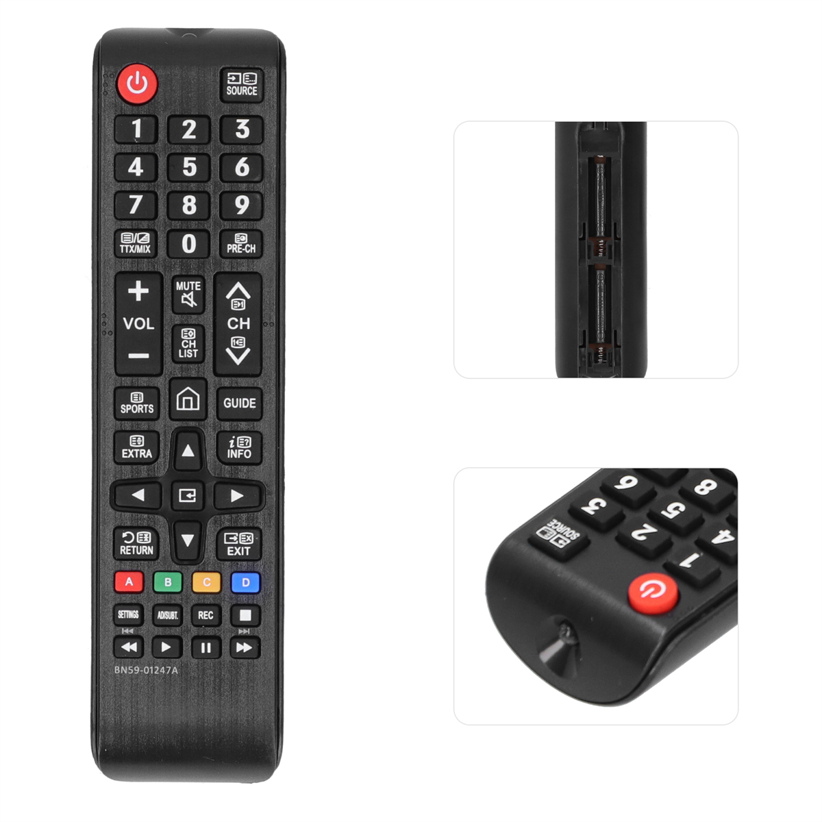 Eine schwarze TV-Fernbedienung mit Tasten, darunter Zahlen, Lautstärke- und Kanalsteuerung. Batterien sichtbar.
