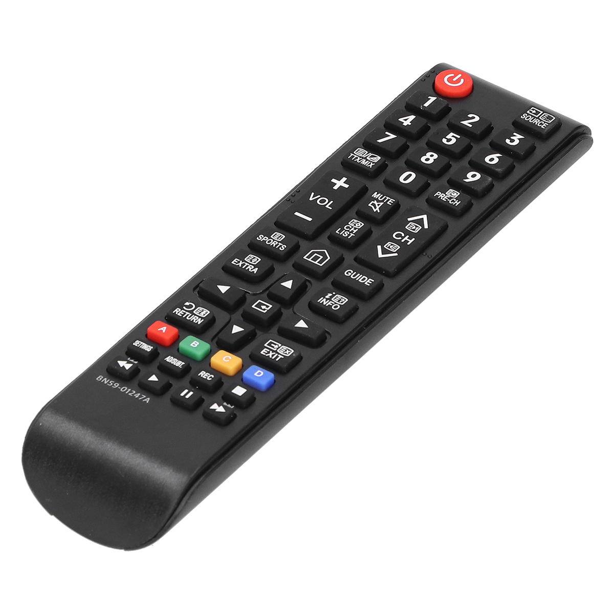 Eine schwarze TV-Fernbedienung mit verschiedenen Tasten, einschließlich Zifferntasten und Lautstärkereglern.