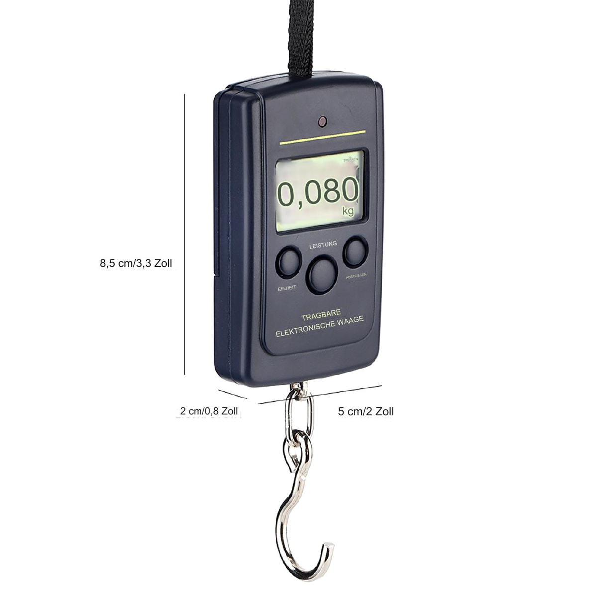 Eine schwarze tragbare elektronische Waage mit einem Haken. Sie zeigt ein Gewicht in Kilogramm an.