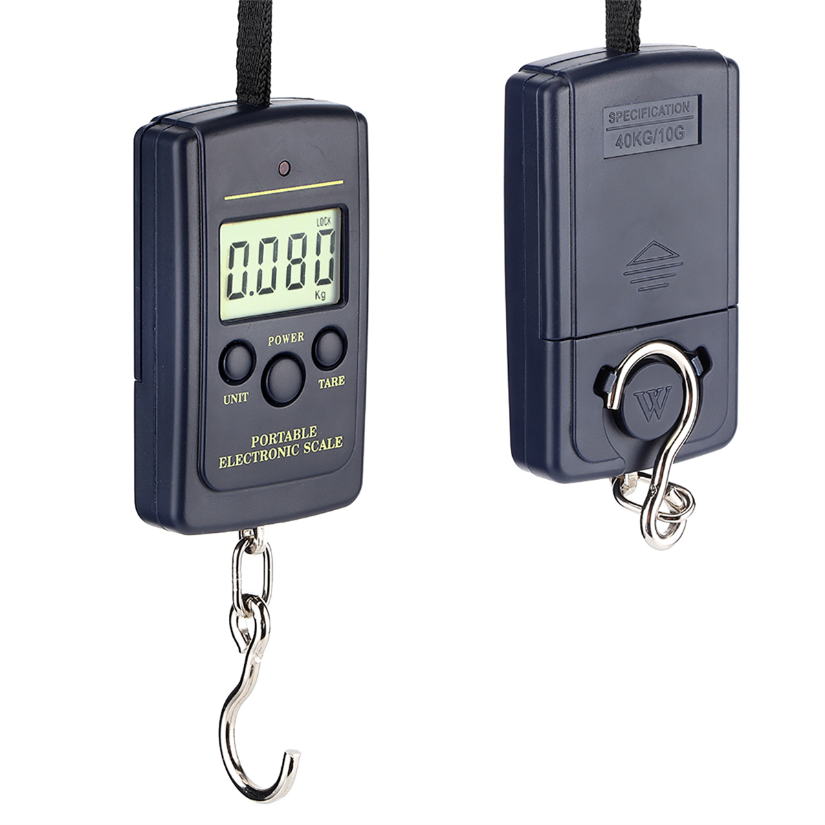 Zwei schwarze elektronische Waagen. Eine zeigt 0,080 kg an. Beide haben Haken.