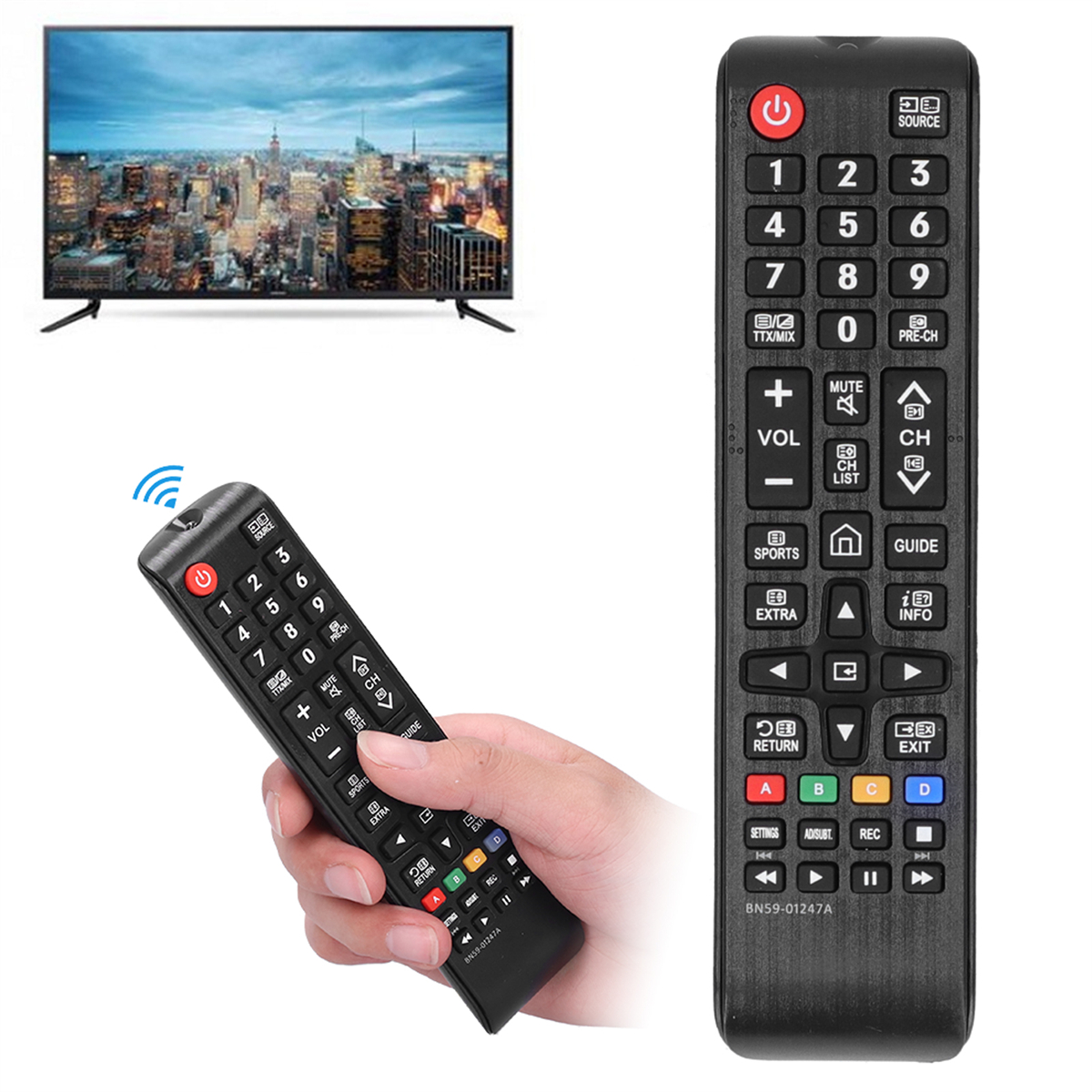 Fernseher und Fernbedienung. Fernseher zeigt Stadtansicht, Fernbedienung mit Knöpfen. Weißer Hintergrund.