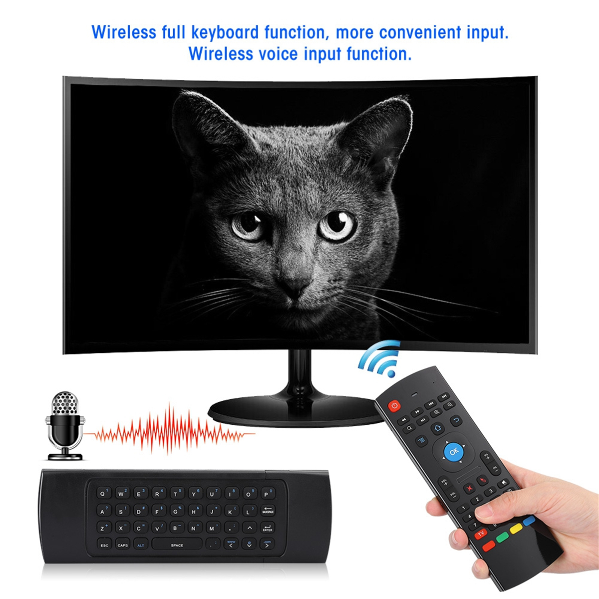 Ein Fernsehbildschirm mit einer Katze. Darunter eine Tastatur und eine Fernbedienung.