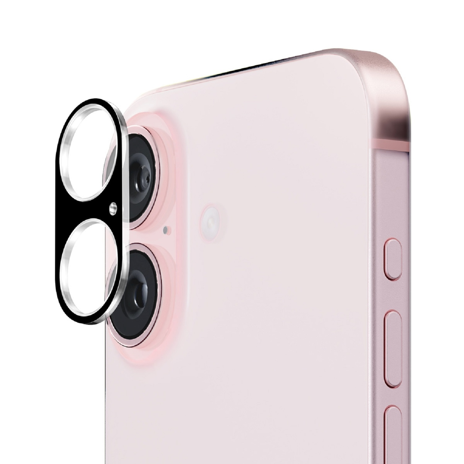 Kameraobjektivschutz mit zwei Objektivabdeckungen auf einem rosa Telefon.