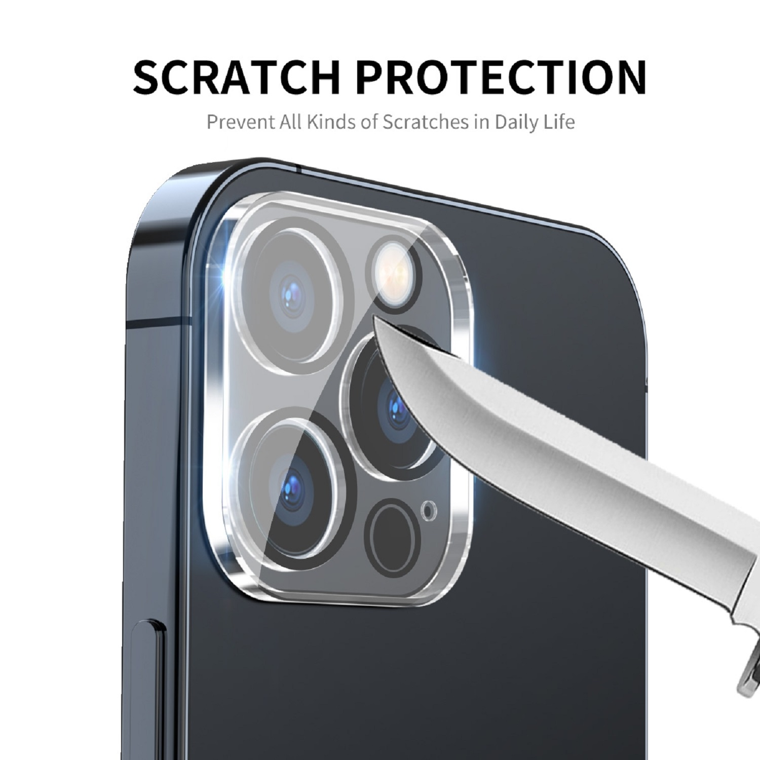 Ein Telefon mit Displayschutz und Messer. Weißer Hintergrund. Text lautet 'Kratzschutz'.