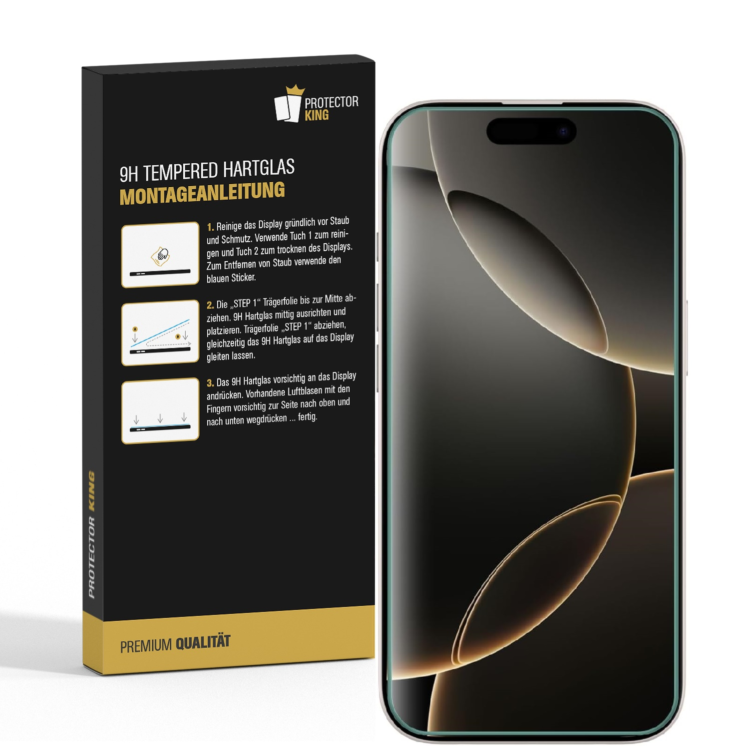 Eine Handy-Displayschutzbox und ein Telefon mit aufgebrachtem Displayschutz. Anweisungen werden angezeigt.