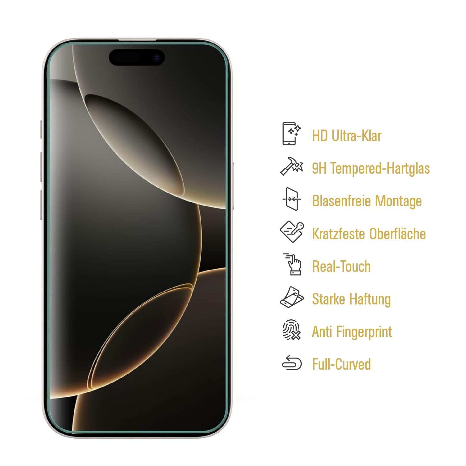 Ein Telefon mit Displayschutz, der Funktionen zeigt: HD Ultra-Klar, 9H gehärtetes Glas, und mehr.