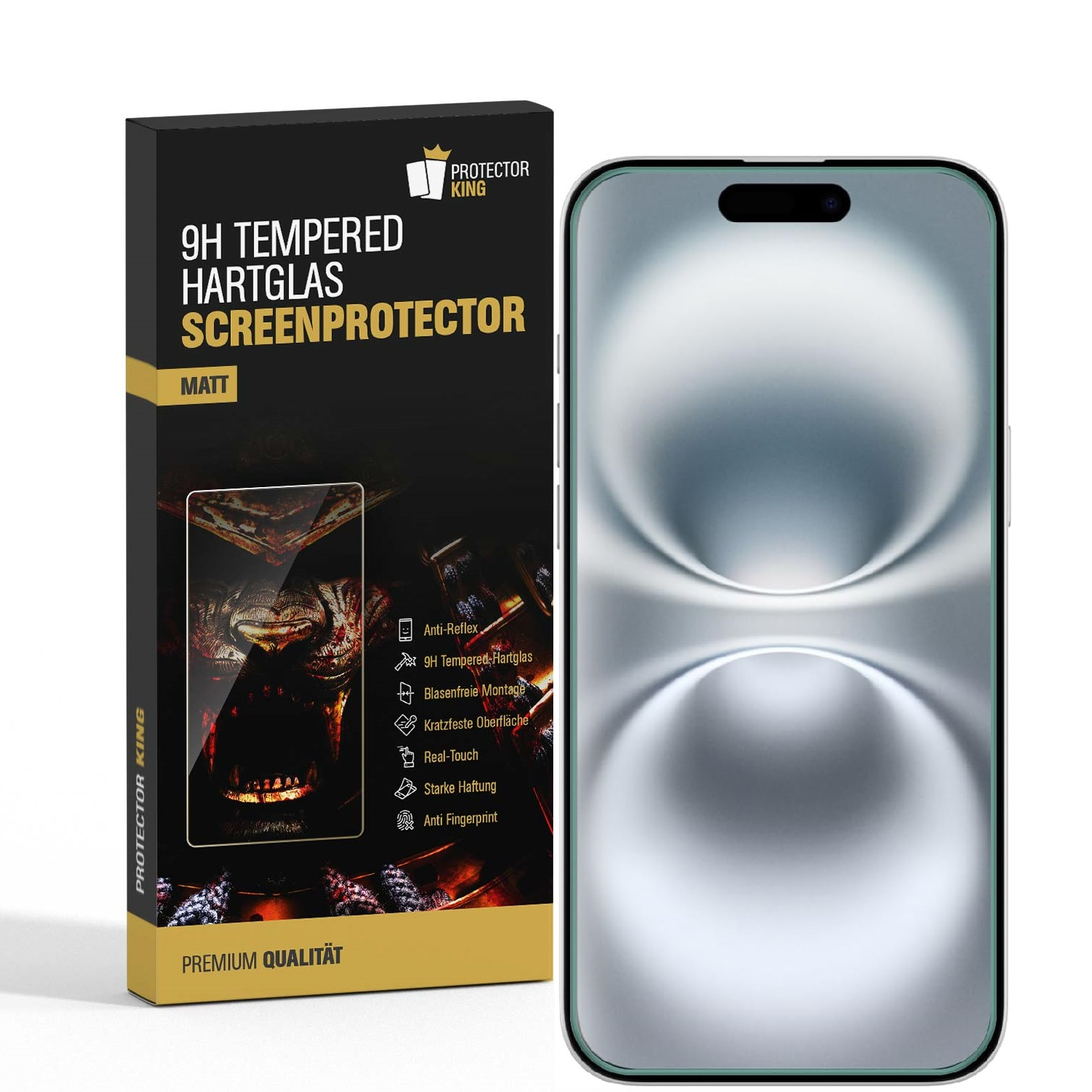 Smartphone-Displayschutz und Box. Schwarze Box mit Text, Telefonbildschirm mit hellem Hintergrund.