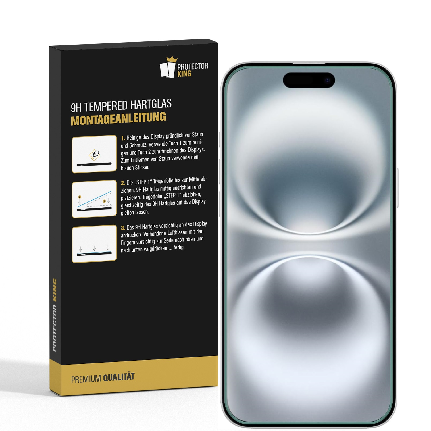 Eine Smartphone-Displayschutzfolienbox und ein Smartphone mit angebrachter Displayschutzfolie.