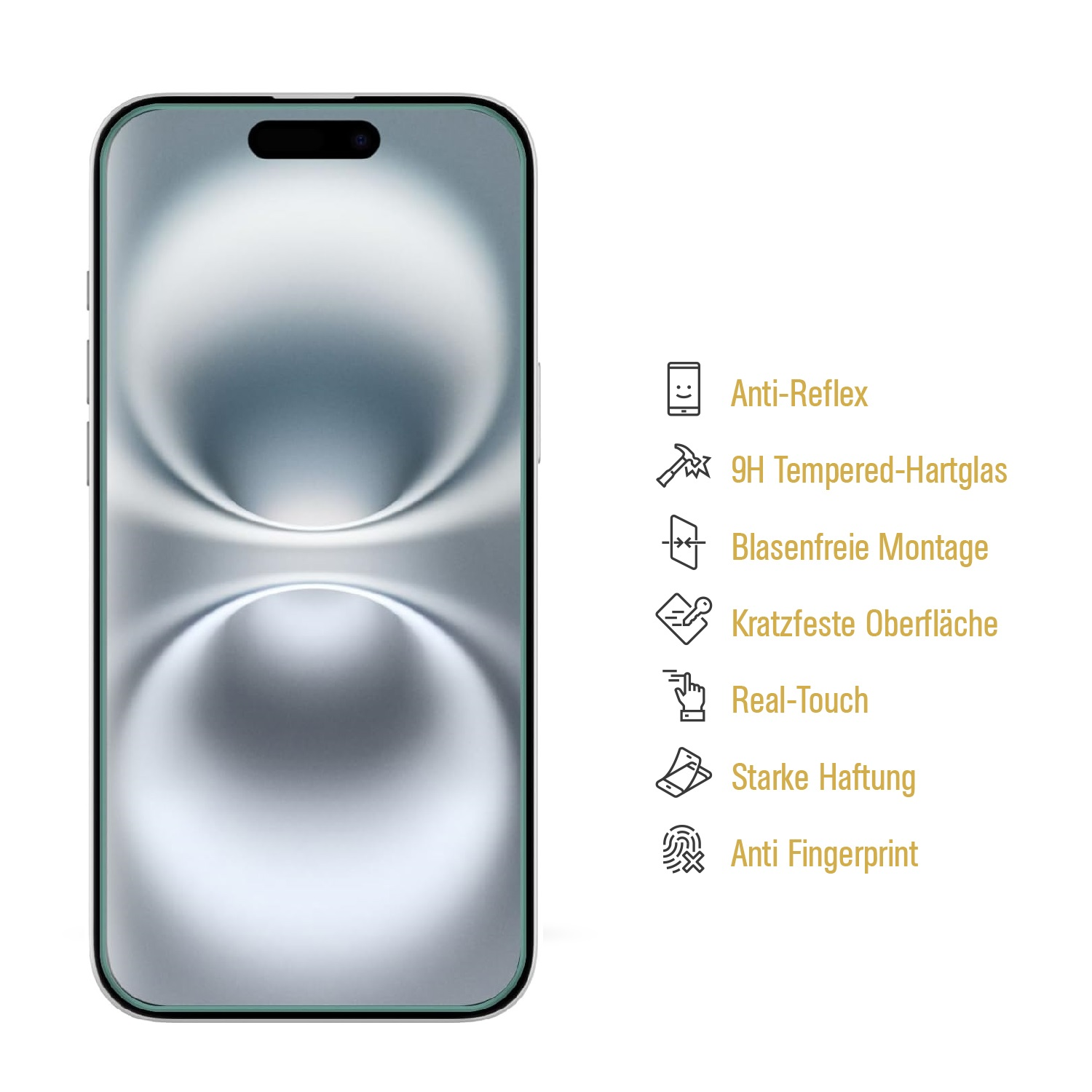 Ein Telefon mit Displayschutzfolie, mit Symbolen und Text, die Funktionen beschreiben.