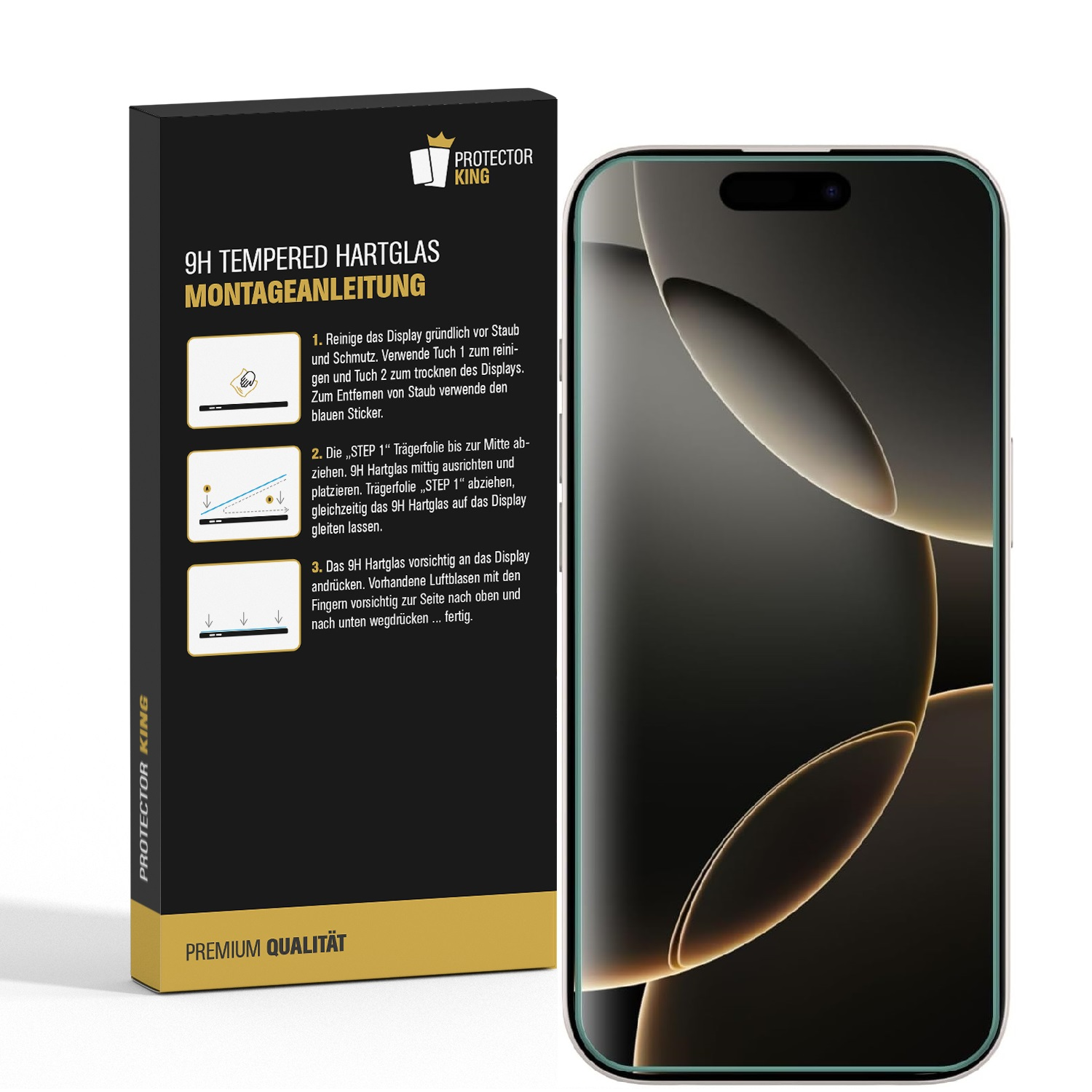 Handy-Displayschutzfolie und Verpackung. Text beschreibt Installationsschritte.