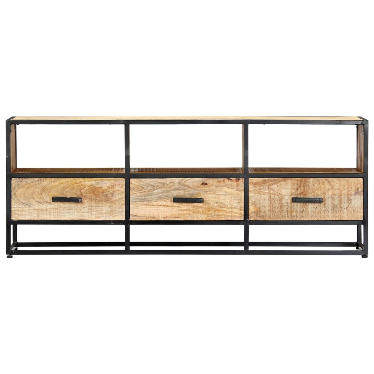 Ein Holzschrank mit drei Schubladen und einem schwarzen Metallrahmen.