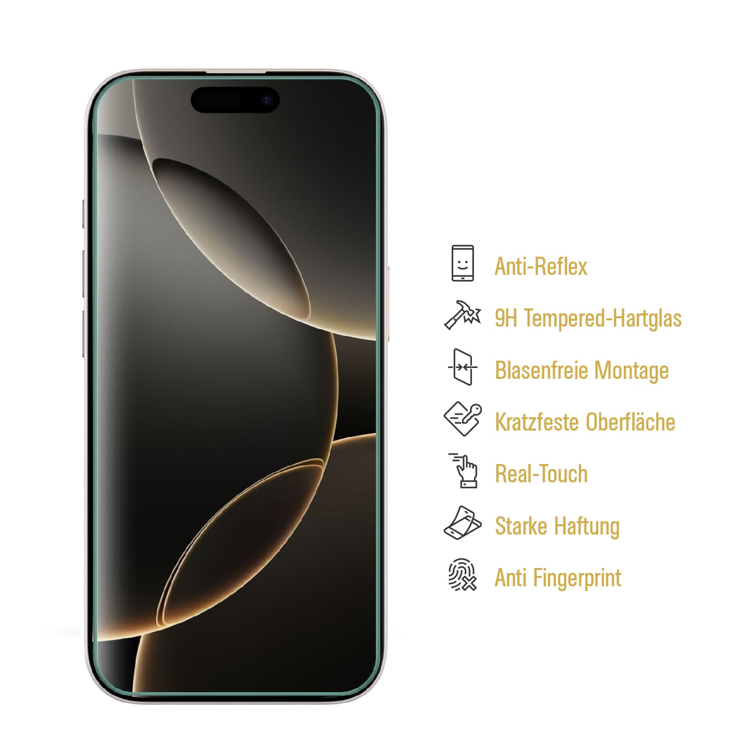 Ein Smartphone-Bildschirmschutz mit verschiedenen Funktionen, wie z.B. Entspiegelung und starker Haftung.