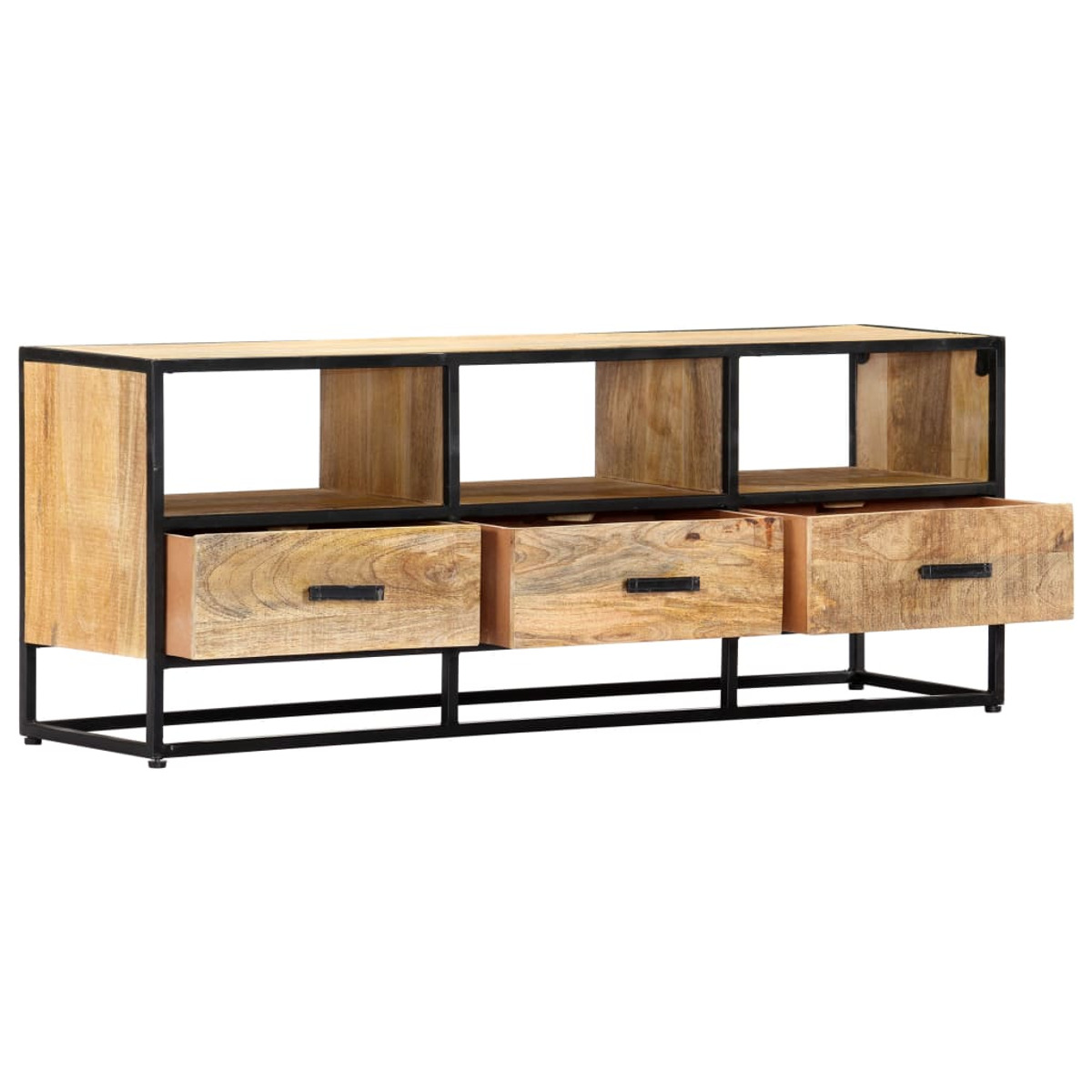 TV-Ständer aus Holz mit Schubladen und offenen Regalen. Schwarzer Metallrahmen. Hellbraunes Holz.