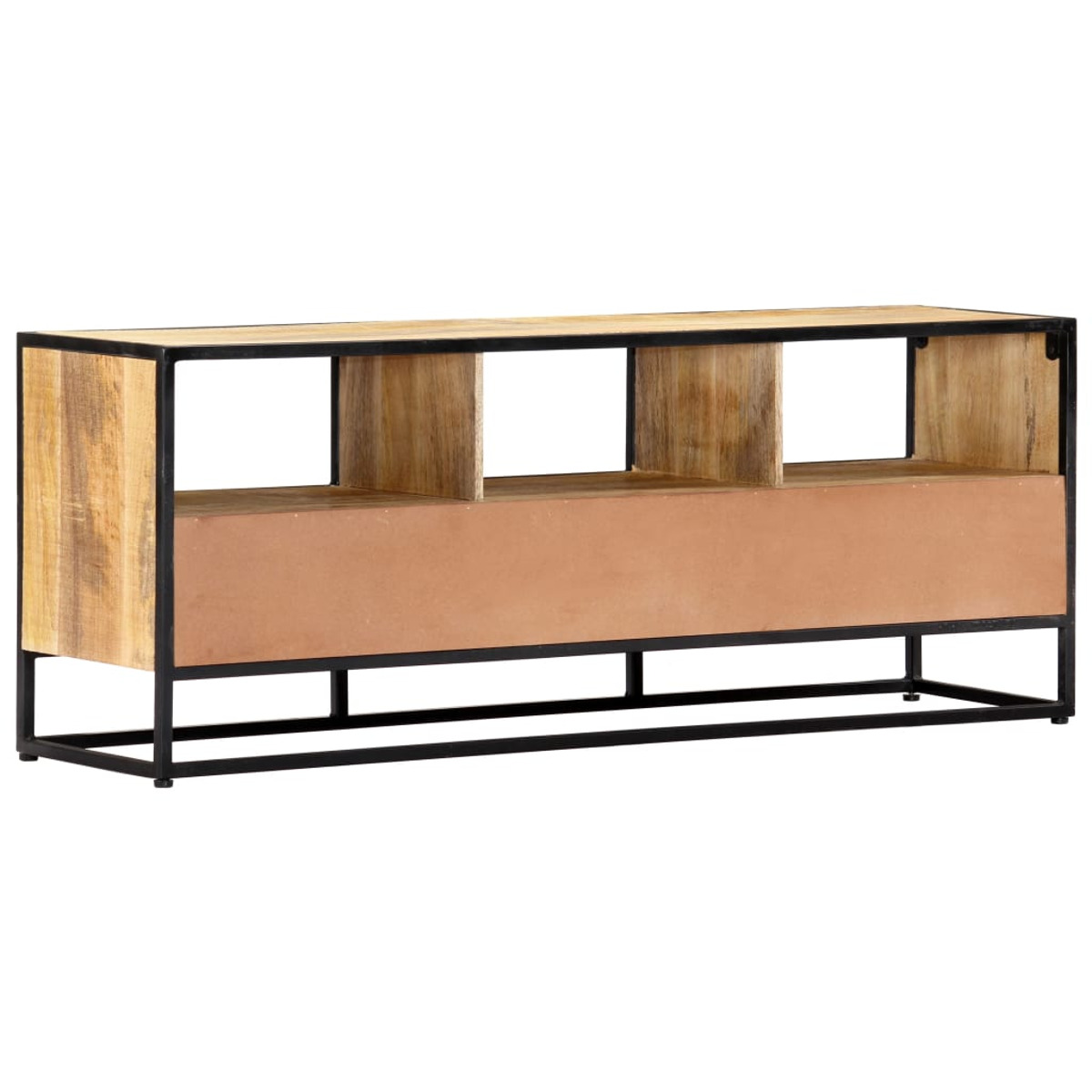 Ein TV-Ständer aus Holz mit einem schwarzen Metallrahmen. Es hat offene Regale und einen geschlossenen Stauraum.