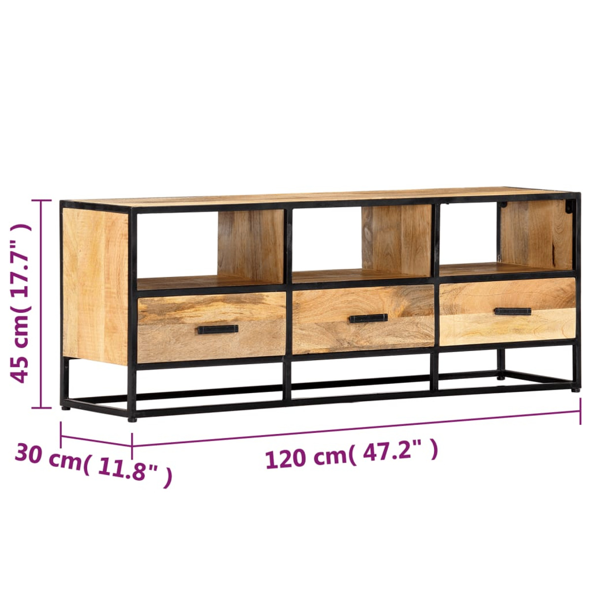 Ein TV-Ständer aus Holz mit 6 Stauräumen. Abmessungen: 120cm lang, 45cm hoch, 30cm tief, mit schwarzem Metallrahmen.
