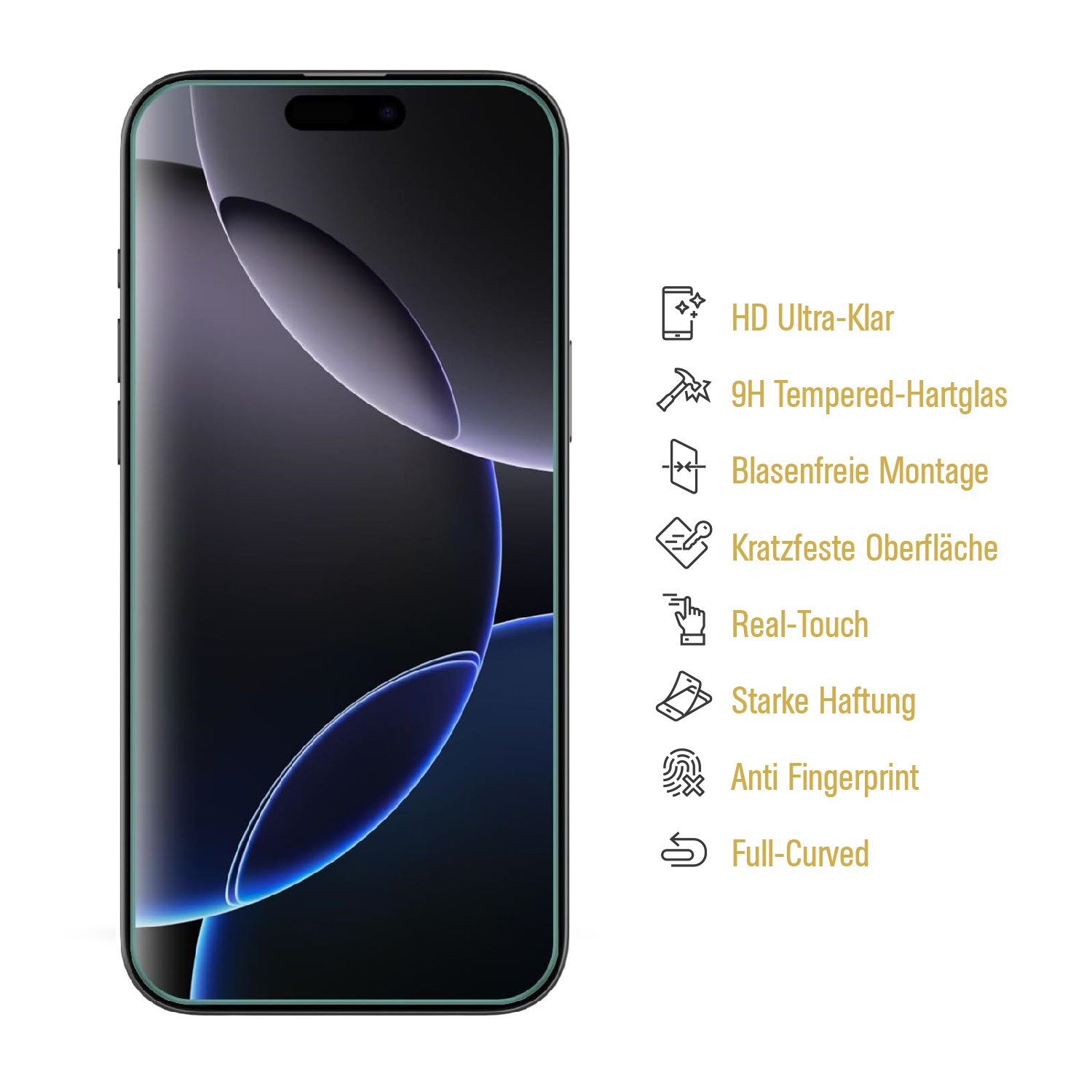 Smartphone-Bildschirm mit dunkelblauem Design. Text beschreibt Funktionen wie HD-Klarheit, Anti-Fingerprint.