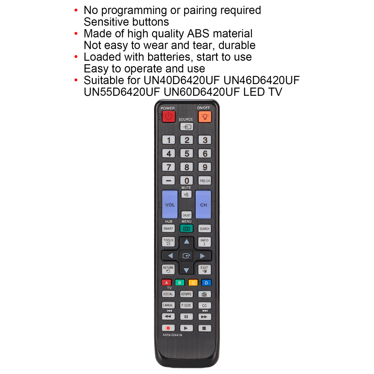 TV-Fernbedienung mit Knöpfen und Text, auf weißem Hintergrund, mit Produkttext.