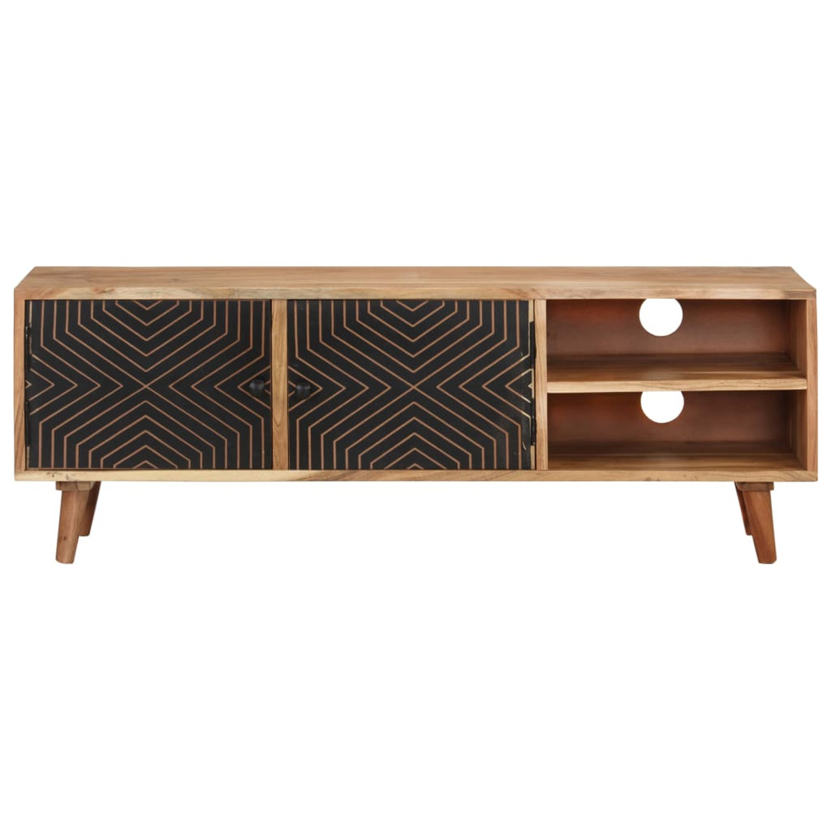 Un mueble de TV de madera con puertas con patrones geométricos.