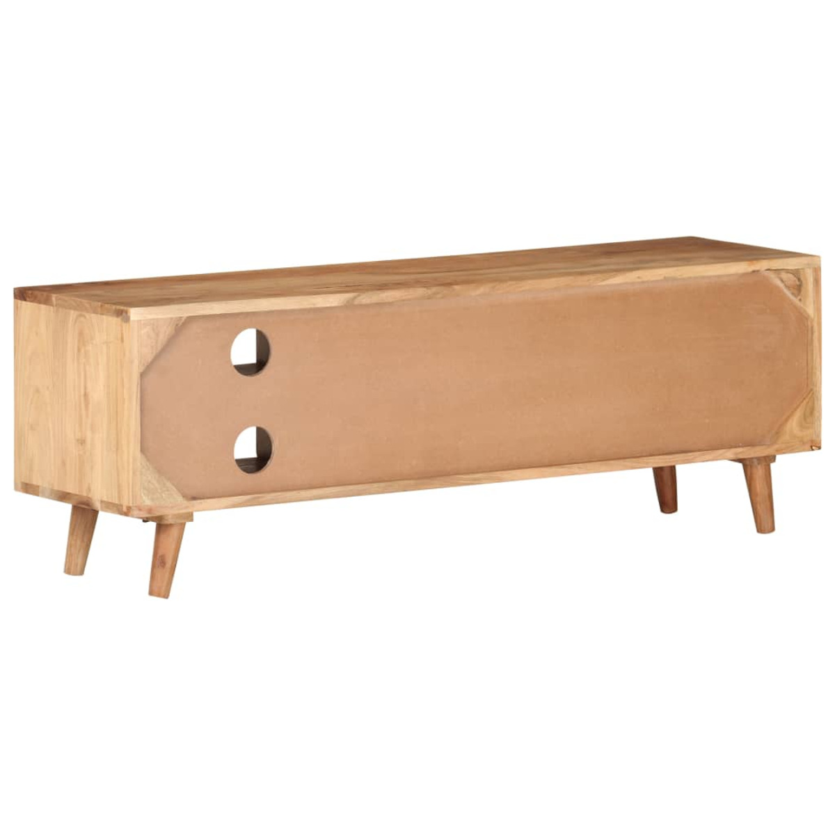 Parte trasera del soporte de TV de madera. Dos agujeros visibles. Cuatro patas. Color marrón.