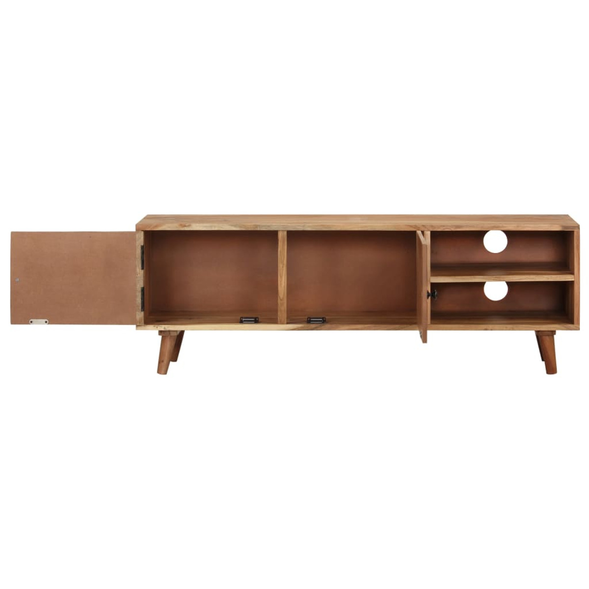 Mueble de TV de madera con puertas abiertas. Muestra compartimentos internos y patas.