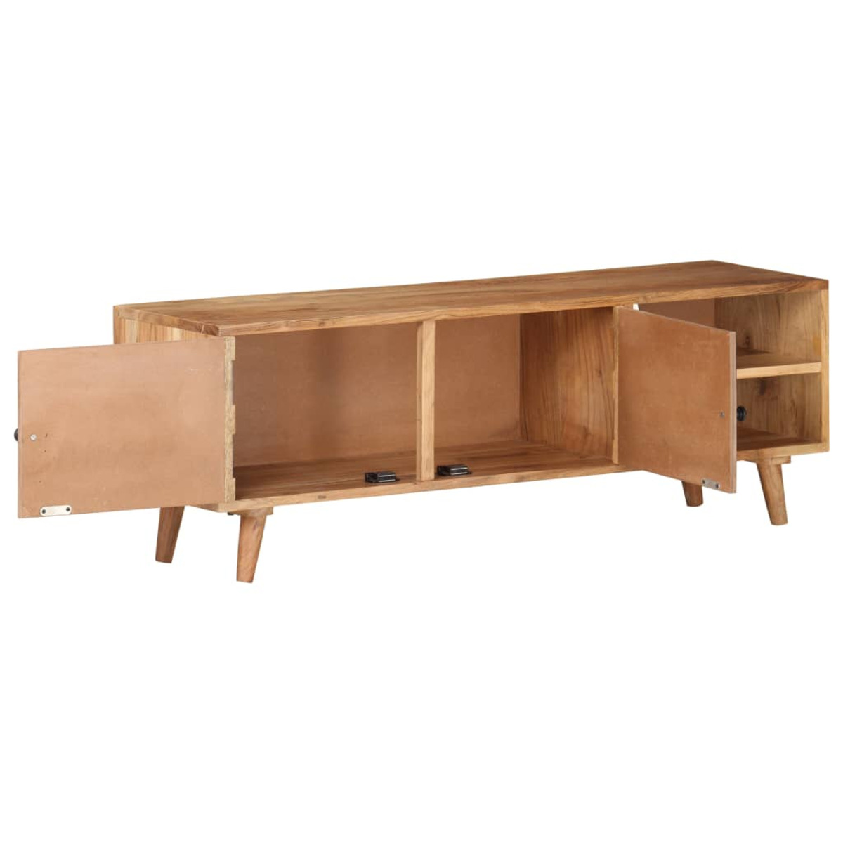 Gabinete de madera con puertas abiertas, mostrando estantes en el interior. Color marrón claro.