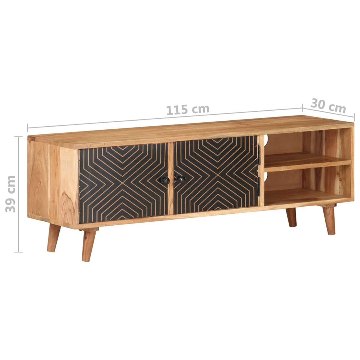 Mueble de TV de madera con diseño geométrico negro en las puertas. Dimensiones en centímetros.