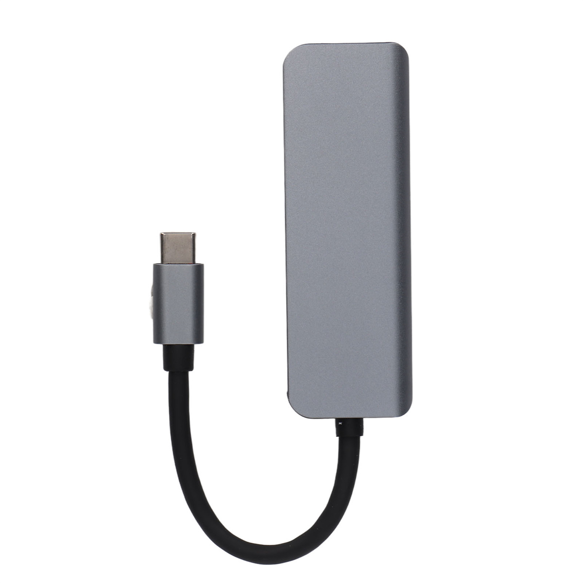 Ein silberner USB-C-Hub mit schwarzem Kabel und einem grauen Kabel, auf weißem Hintergrund.
