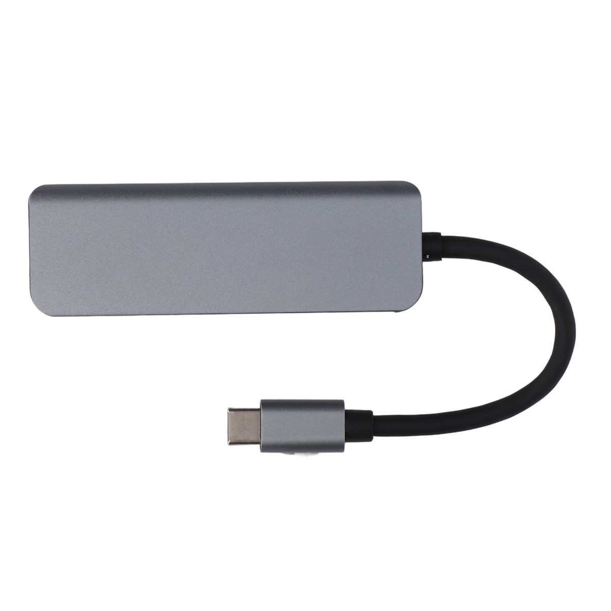 Grauer USB-C-Hub mit schwarzem Kabel und Stecker. Es ist ein rechteckiges Gerät mit mehreren Anschlüssen.