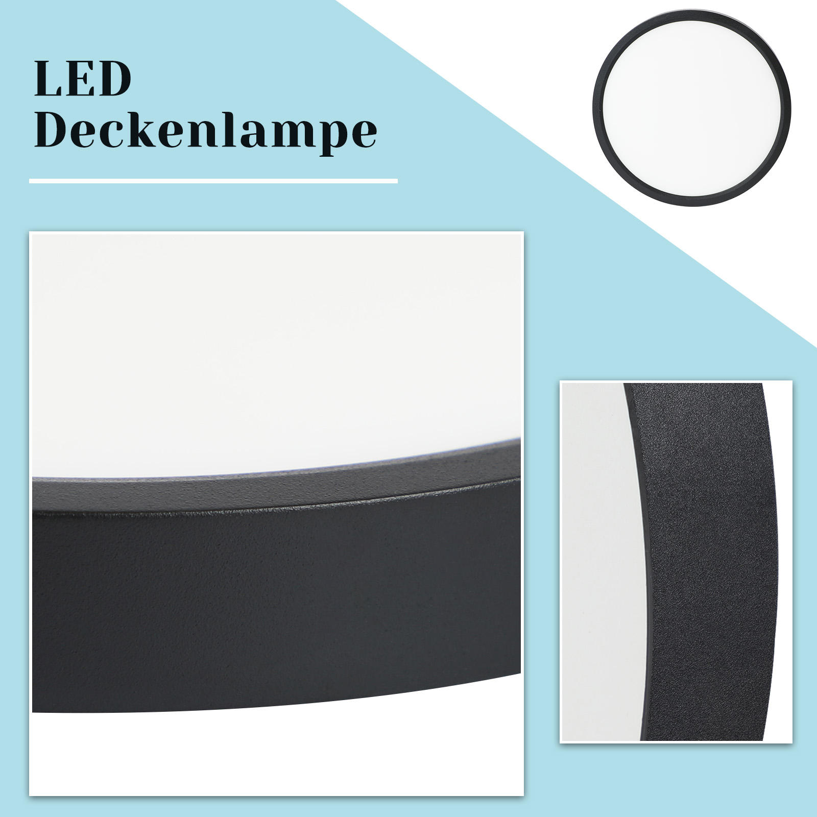 Primo piano della lampada da soffitto a LED nera. Sfondo azzurro, con cerchio bianco.
