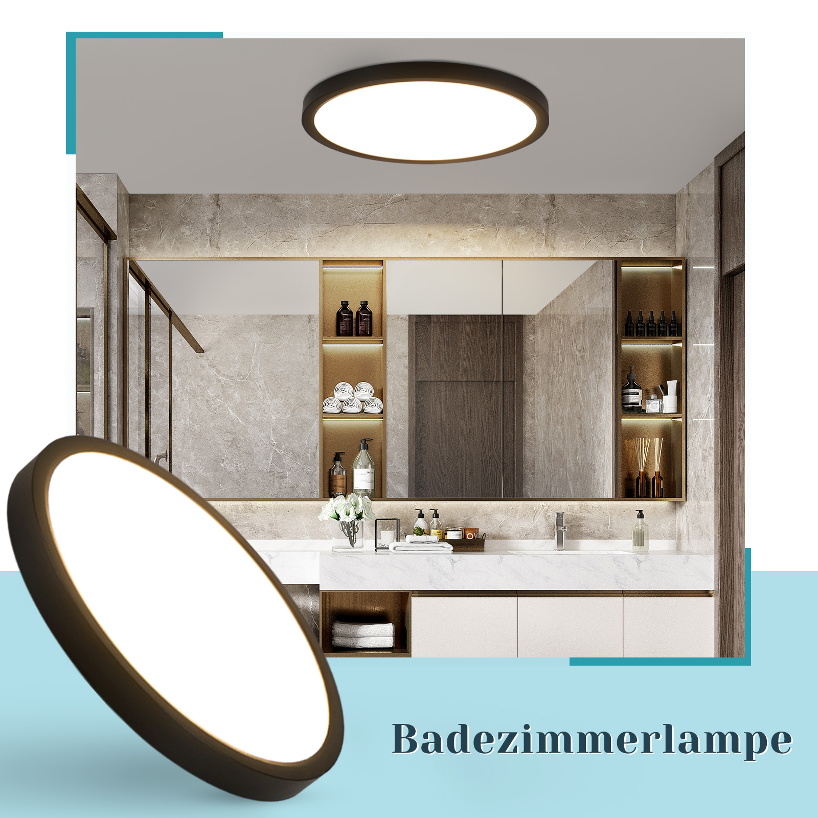 Bagno moderno con lampada da soffitto rotonda e specchio con mensole. Il testo dice 'Badzimmerlampe'.