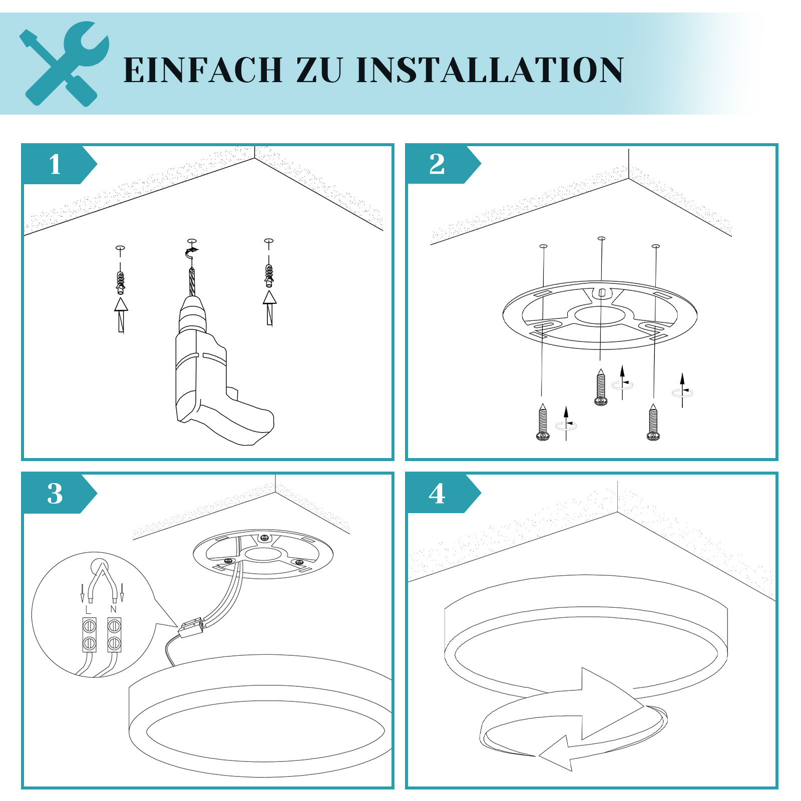 Installationsanweisungen, die Schritte für eine Deckenleuchte zeigen. Enthält Bohr-, Schraub- und Verdrahtungsdiagramme.