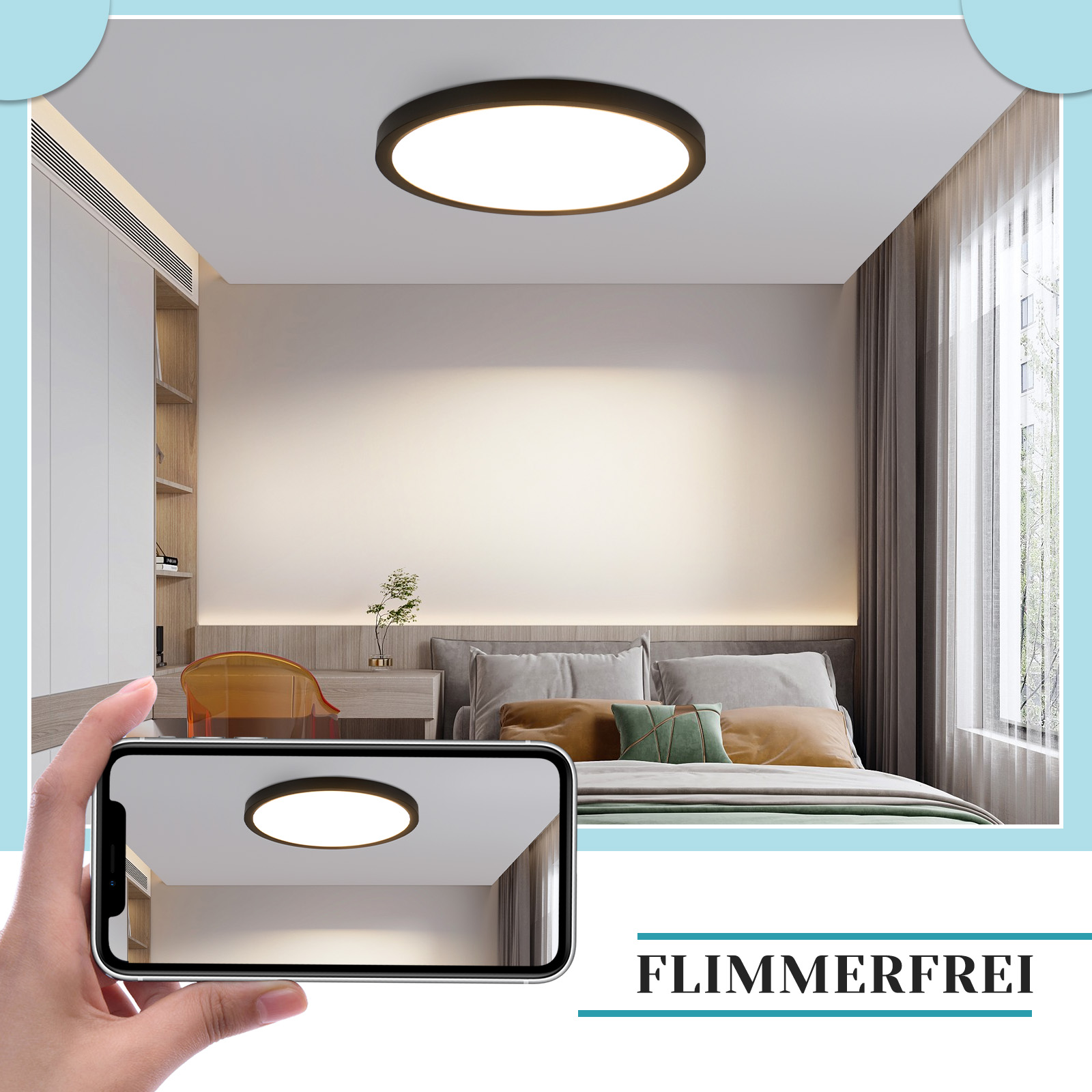 Una mano che tiene un telefono che mostra una luce a soffitto riflessa. Il testo dice FLIMMERFREI.
