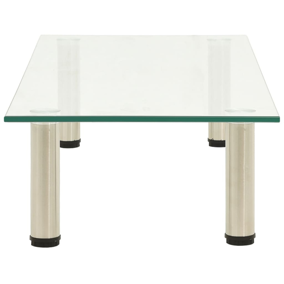 Quadratischer Glastisch mit silbernen Beinen und schwarzen Füßen. Weißer Hintergrund.