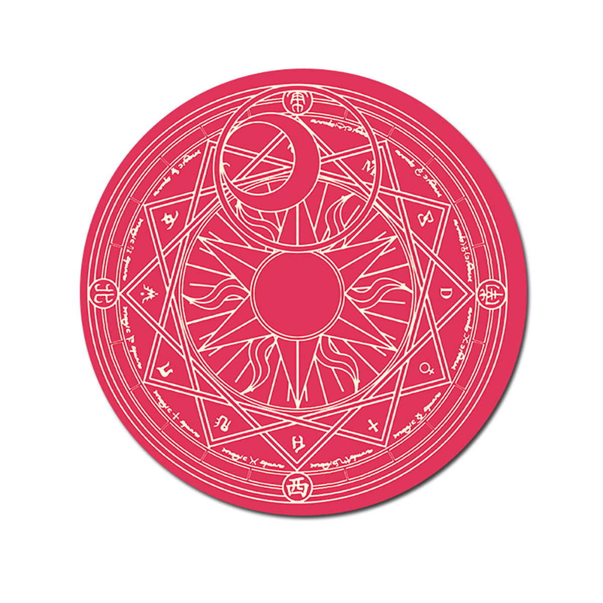 Eine rosa kreisförmige Matte mit weißen Symbolen und Text. Sie zeigt ein komplexes Design.