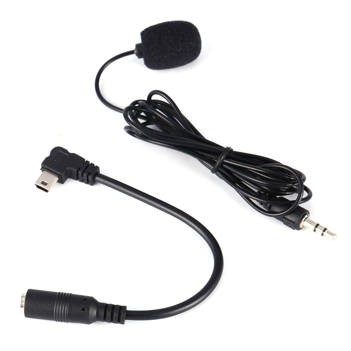 Ein kleines Mikrofon mit Schaumstoffabdeckung und schwarzem Kabel.