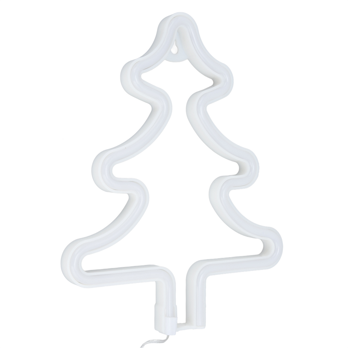 Eine weiße Neon-Umrisslinie eines Weihnachtsbaums vor weißem Hintergrund.