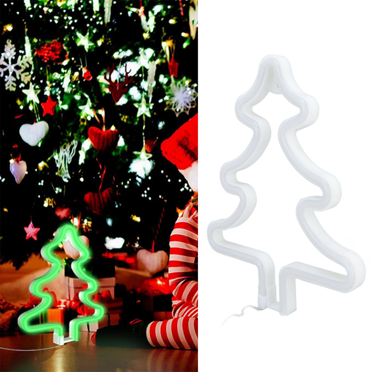 Eine Weihnachtsszene mit einem Neon-Weihnachtsbaum. Geschenke liegen am Fuß des Baumes, und ein Kind ist zu sehen.