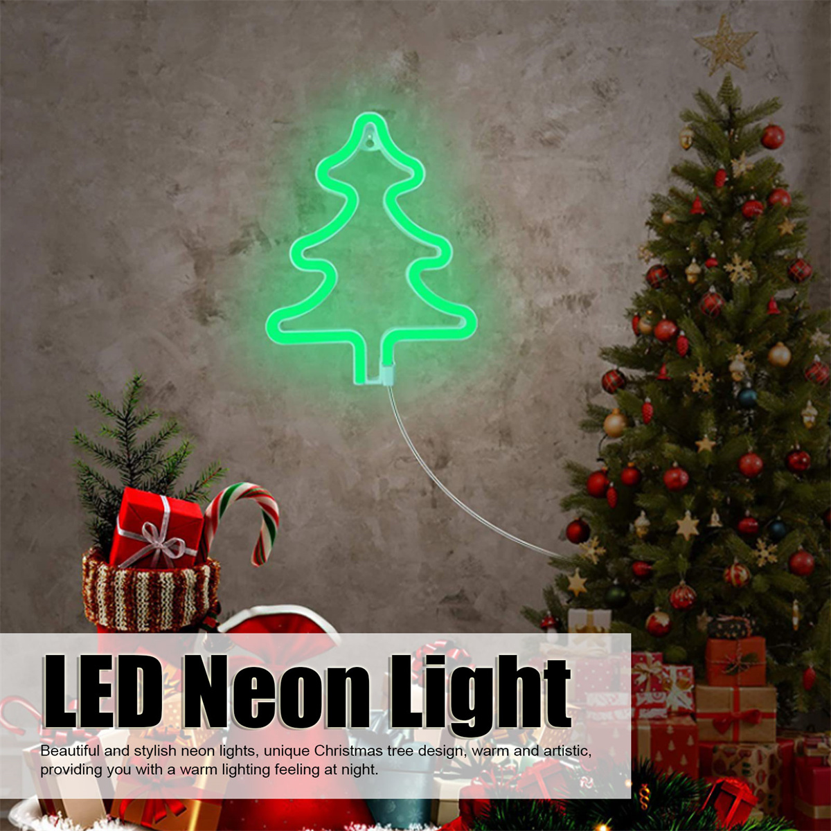 Ein grünes Neon-Weihnachtsbaumlicht mit einem geschmückten Baum und Geschenken.