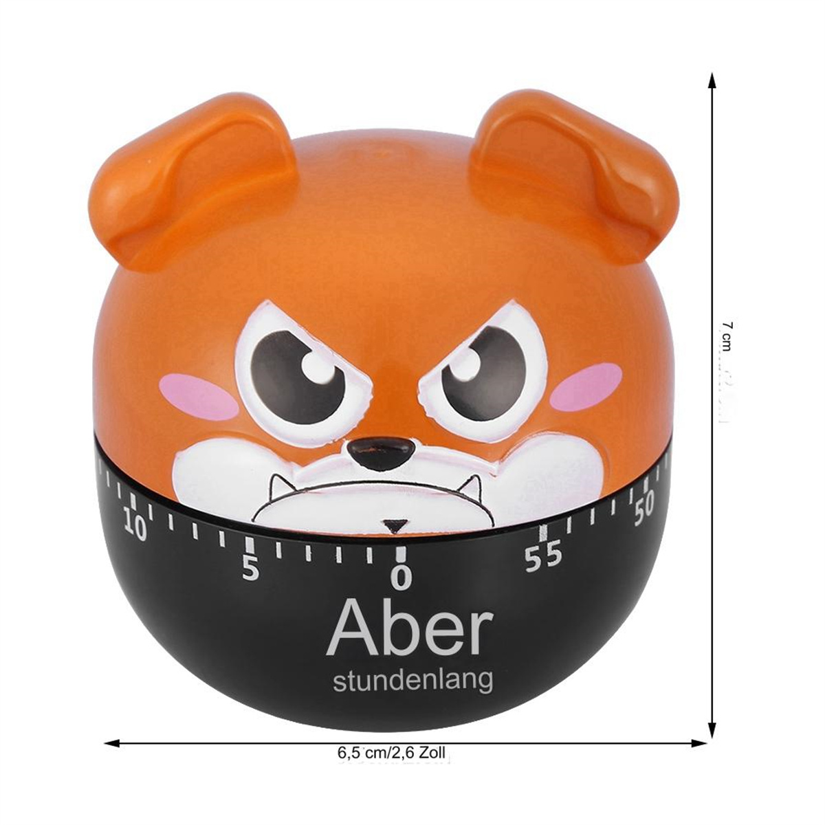 Orangener hundeförmiger Timer mit schwarzem Zifferblatt und Text.
